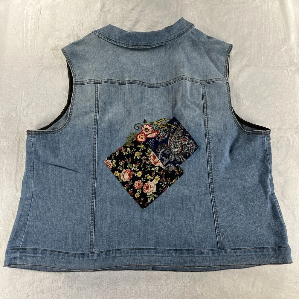 Monroe & Main Floral Patchwork Denim Vest Blue 2X